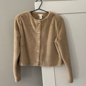H&M Faux Fur Beige Gold Snap Button-Front Jacket
